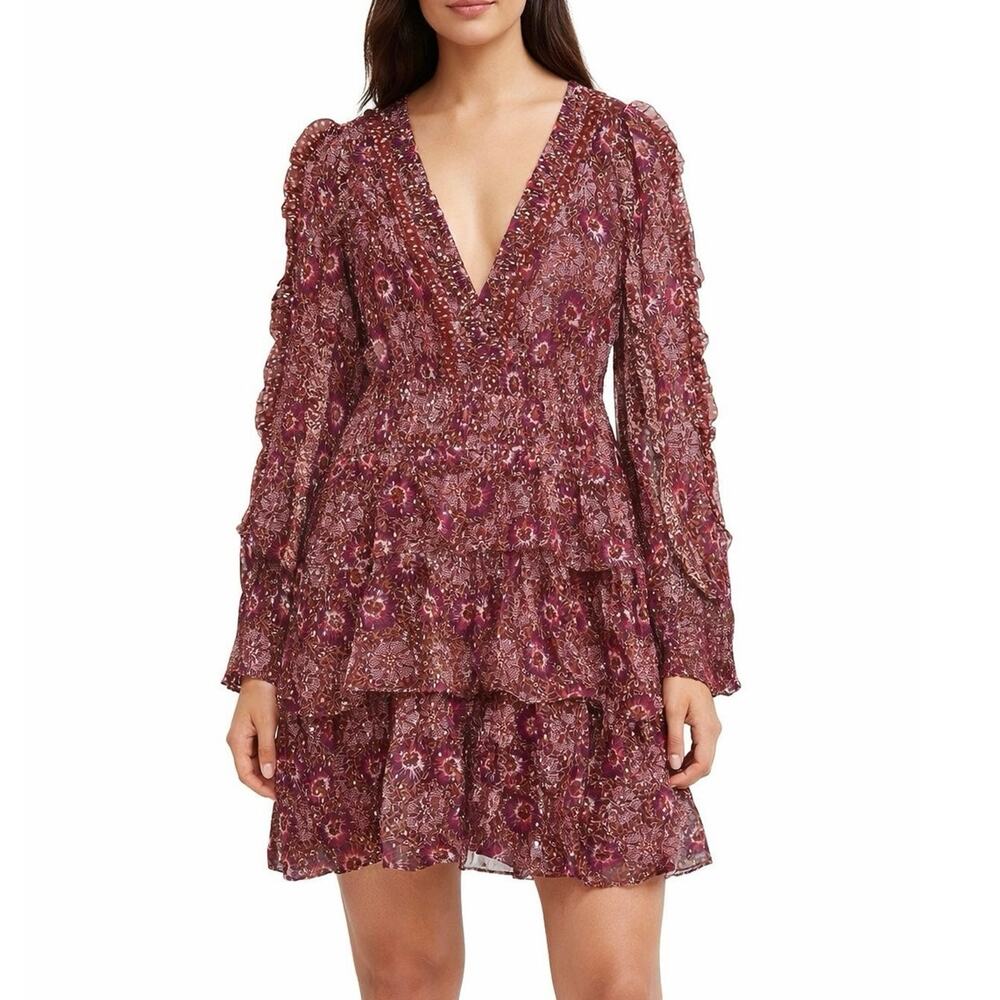 Ulla Johnson NWT Brisa Silk Lurex Ruffle Mini Dress 6 Floral Boho Patchwork